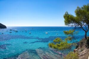 Deep blue sea with several yachts moored on the horizon